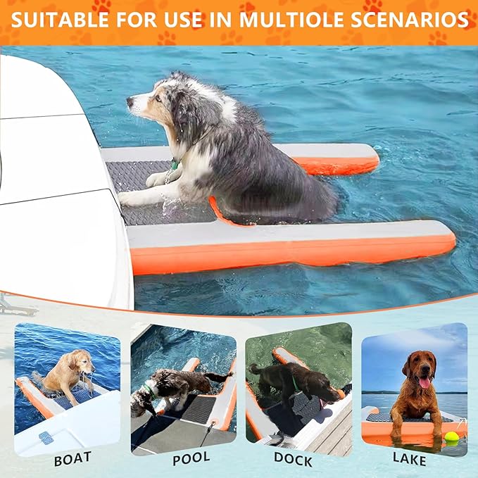 Inflatable Dog Water Ramp, Non-Slip Floating Dock Ladder for Pools, Boats & Lakes, Pool Ramp for Dogs Up to 200 Pounds, Orange