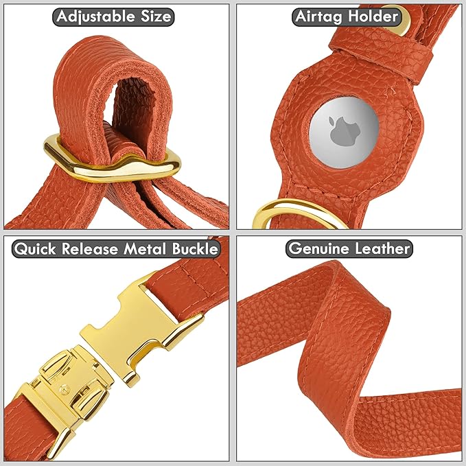 Leather Airtag Dog Collar - Soft Tracking Dog Collar with Apple AirTag Holder and Metal Buckle - Safety GPS Pet Collars for Small Medium Large Dogs Puppy Pink Red (Orange, S, 12"-15" Neck Fit)