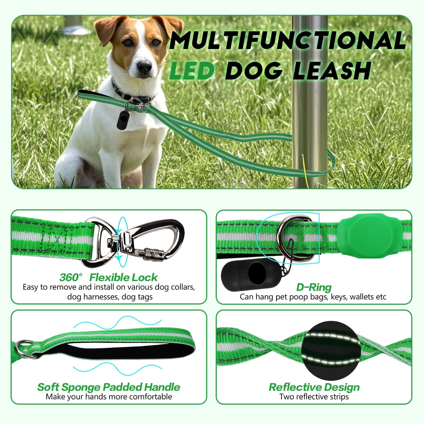 TuuToo LED Light Up Dog Leash, 5 Ft Rechargeable Lighted Glowing Dog Leash with 3 Flash Modes Night Walking Safety, Nylon Waterproof Reflective Leashes with Padded Handle for Small Medium Large Pet
