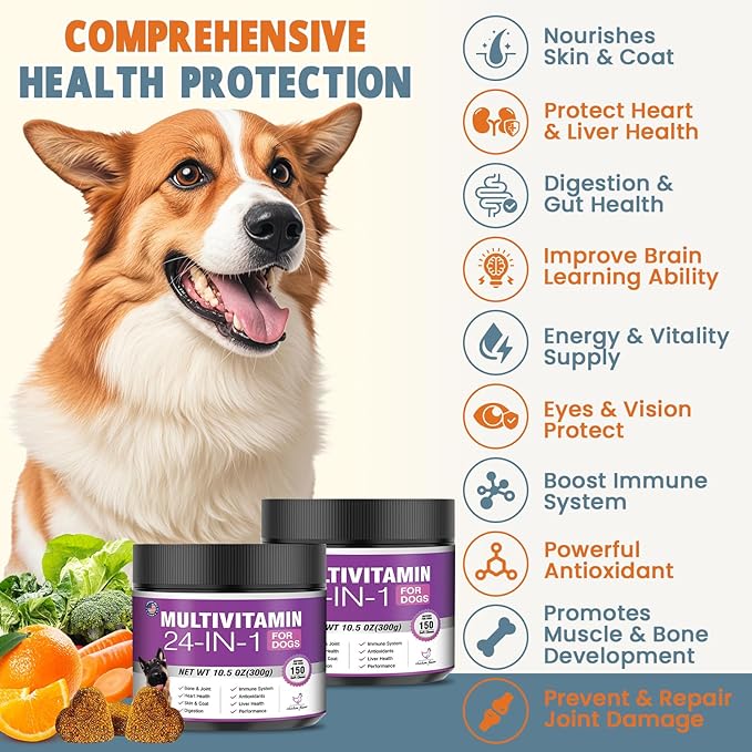 24-in-1 Dog Vitamins and Supplements 300 Ct Dogs Multivitamin Chewable Contain Chondroitin Probiotics Omega-3 Glucosamine for Dogs Skin Coat Heart Joint Gut Digestion Liver Brain Eyes Immune Support