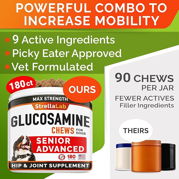Senior Advanced Glucosamine Chondroitin Joint Supplement for Dogs - Hip & Joint Pain Relief Pills - Large & Small Breed - Hip Joint Chews Canine Joint Health - Chews Older Dogs - Bacon Flavor - 180Ct