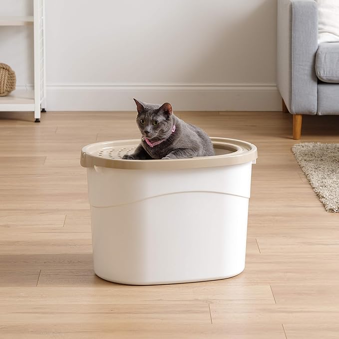 IRIS USA Top Entry Cat Litter Box, Large Enclosed with Litter Catching Lid and Scoop, Dog Proof, Cat Litter Box, White/Beige