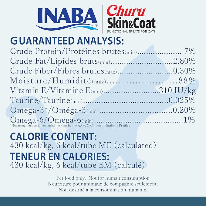 INABA Churu for Skin and Coat Lickable Purée Natural Cat Treats with Omega Oils, Taurine and Green Tea, 0.5 Ounces Each - Tuna Recipe (12 Tubes)
