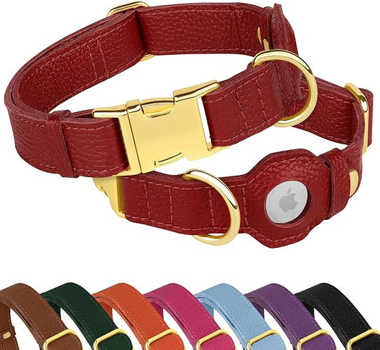 Leather Airtag Dog Collar - Soft Tracking Dog Collar with Apple AirTag Holder and Metal Buckle - Safety GPS Pet Collars for Small Medium Large Dogs Puppy Pink Red (Red, L, 17"-21" Neck Fit)