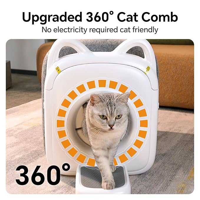 AutoComb Automatic Cat Self Groomer, 360° Surround Skin Friendly Grooming Tool For Cats, Self Cat Brushes with biomimetic cat tongue brush for Long or Short Haired & Smart feeder, White