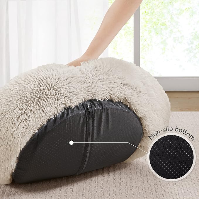 Friends Forever Serena Donut Memory Foam Orthopedic Dog Bed, Soft Faux Fur Oval Cat Couch For Indoor Pet, Fluffy Calming Plush Shag, Round Bolster Cushion, Machine Washable Cuddler, Tan, 36"x27"x7.5"