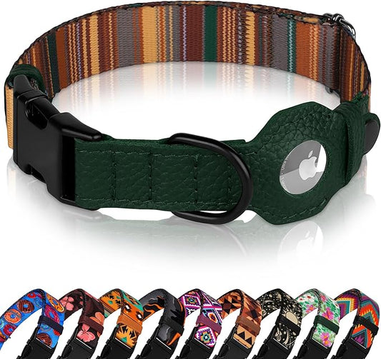 AirTag Dog Collar with Metal Buckle - Soft Leather Printed Nylon Dog Collar with Apple AirTag Holder - Cute Tracking GPS Pet Collars for Girl Boy Small Large Dogs (L, 17"-21" Neck Fit, Striped)