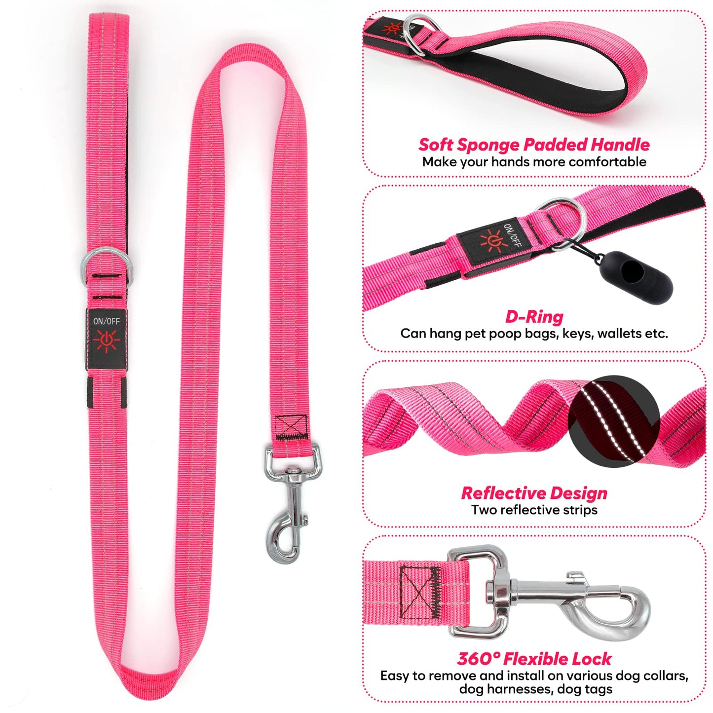 KOSKILL 4 Ft Led Dog Leash, Rechargeable Light Up Dog Leash Waterproof, Safety Glow in The Dark Dog Leash for Night Walking, Nylon Reflective Leashes with Padded Handle for Small Medium Large Pets