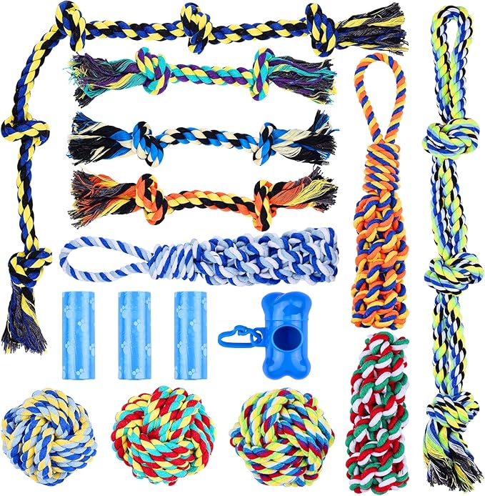15pc Heavy Duty Dog Rope Toys Tough Tug of War Dog Toys, 100% Cotton Tug Toy for Boredom for Large/Medium/Small Dogs for Chewing, Playing, Teething, Teeth Cleaning, Tossing and Catching.