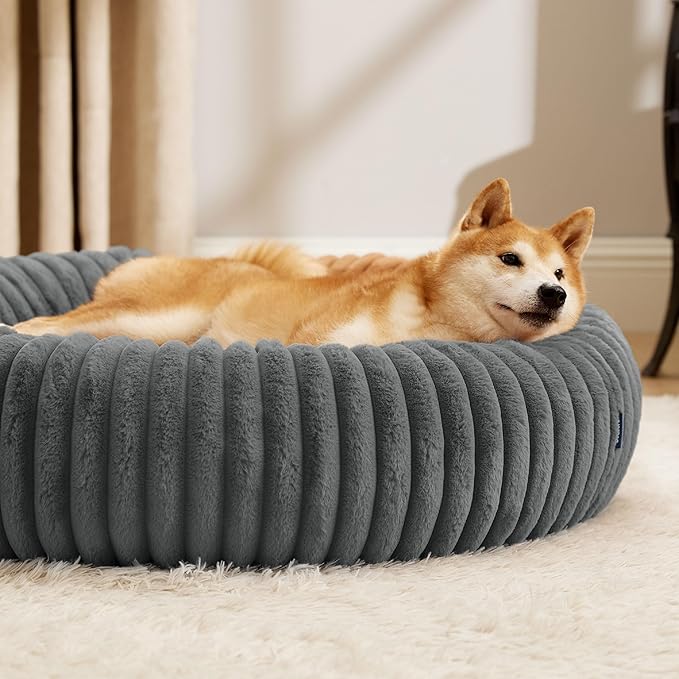 Bedsure Donut Large Dog Bed - Washable Faux Fur with Corduroy Fleece & Anti Slip Bottom, Round Pet Bed with Removable Cover, Warm Grey, 36x36x10 inches