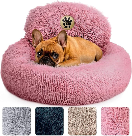 PetJett Calming Dog Bed for Small Dogs – 23" Donut Dog Beds, Anti-Slip & Washable Fluffy Plush Faux Fur Pet Bed, Anti-Anxiety Premium Comfort Round Puppy Bed, Fits Dogs up to 25 lbs – Pink