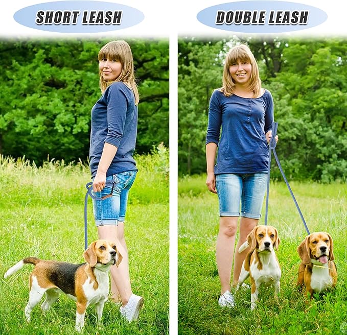 Mile High Life Hands Free Dog Leash, Crossbody Waist Leash with Genuine Leather Connection, Multifunctional Adjustable Slip Lead for Dog Walking Running (Blue White, 7FT)