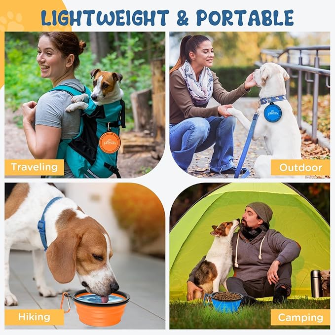 Collapsible Dog Bowls Medium, 2 Pack 22oz Portable Travel Dog Bowls, Foldable Water Bowl for Dogs Cats, Pet Feeding Watering Dish with Carabiner, Food Grade Silicone BPA Free(Blue+Orange, M)