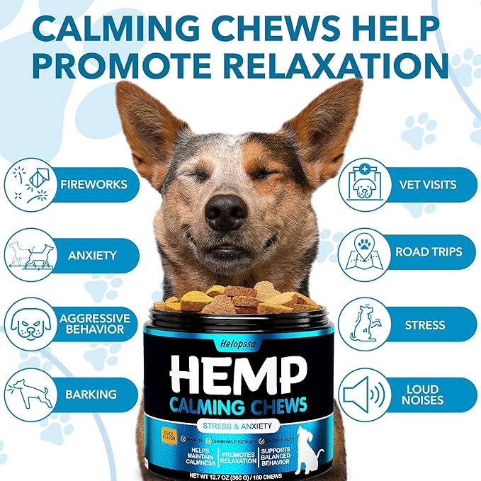 Hemp Calming Chews for Dogs with Anxiety and Stress - 360 Soft Dog Calming Treats - Dog Anxiety Relief - Storms, Fireworks, Thunder, Barking, Separation Aid - Valerian Root - L-Tryptophan - Hemp Oil