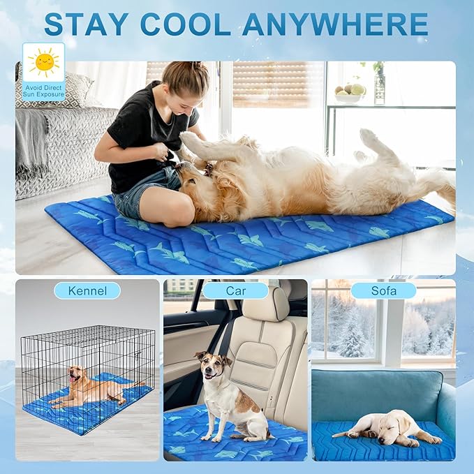 BEAUTYZOO Dog Cooling Mat- Upgraded Thicken Cooling Mat for Large Dogs Reversible(Cool & Warm) Pet Ice Cool Bed Washable & Portable, Summer Crate Pad for Big Dog Puppy Up to 44 lbs, Shark Blue 36X23IN