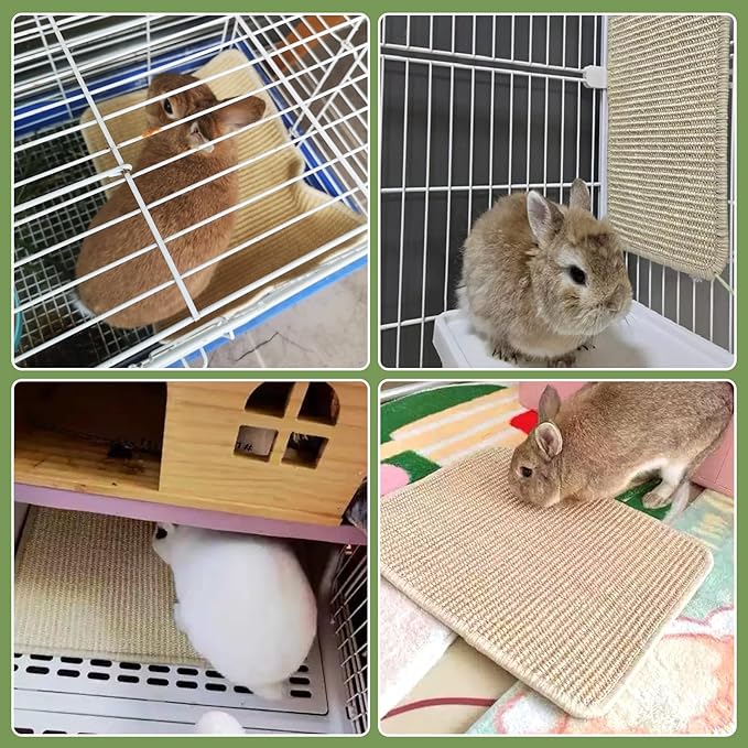 FHTONGE 2 Pcs Sisal Rabbit Scratching Mats for Cage Bedding, Bunny Scratch Pads Rabbit Mats with Non-Slip Base, Rabbits Chew Toys Grass Mats for Claws Teeth Grinding Biting Sleeping Nesting Cooling