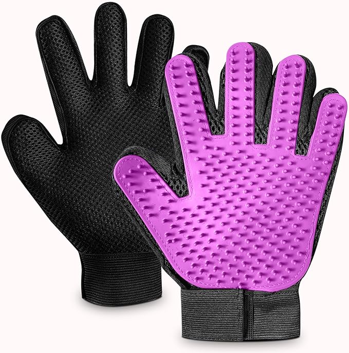 Upgrade Pet Grooming Gloves, Grooming Gloves for Dogs, Cats, Rabbits & Horses with Long and Short Hair, Efficient Pets Hair Remover Mittens - 1 Pair (Purple)