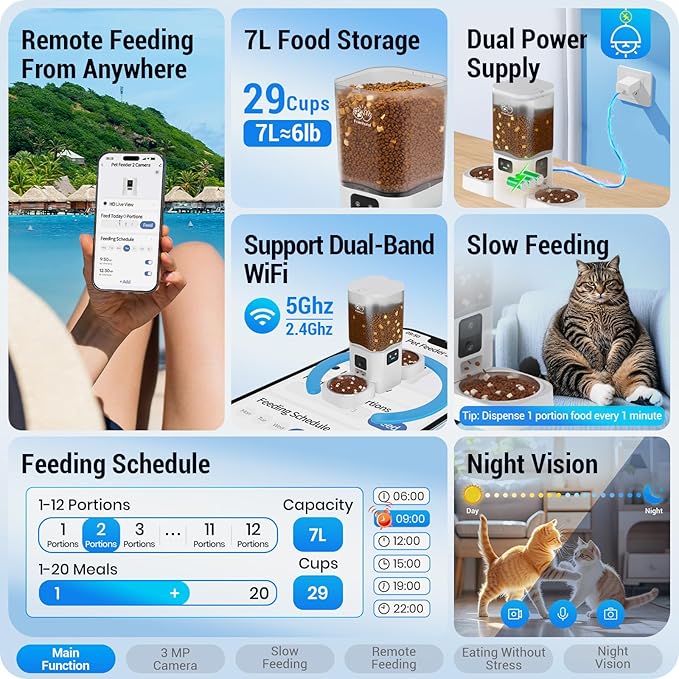 Automatic Cat Feeder with Two HD Camera for 2 Cats: 7L Automatic Dog Feeder with Night Vision & Slow Feed, 5G WiFi Auto Cat Food Dispenser for Multiple Pet, Detachable for Cleaning - 29 Cup