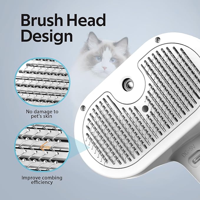 Pet Grooming Brush with Electronic Mist Spray - Gentle Deshedding Tool for Cats & Dogs, Pet Steam Brush,Reduces Shedding, Soft Bristles, Promotes Healthy Coat-Comes with a hair smoothing comb-White