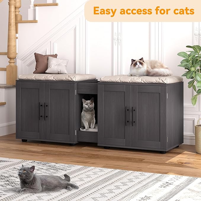 Gaomon Litter Box Enclosure with Double Room,Cat Hidden Litter Box Enclosure Furniture for 2 Cats with Double Room, 55”L x 17.7”W x 22.5”H Cat House,Wooden Enclosed Cat Litter Box Furniture,Walnut