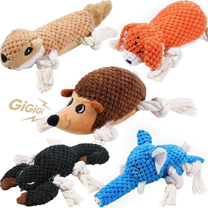 LEGEND SANDY Squeaky Dog Toys, Plush Small Dog Toys, 5 Pack Stuffed Animal Puppy Toys with Tug of War Ropes Value Bundle, Puppy Chew Toys for Teething, Dog Chew Toy for Small Medium Breeds
