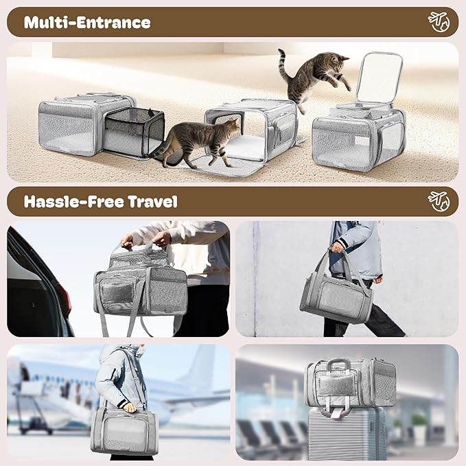 Top and 2 Sides Expandable Large Cat Carrier 18x13.5x9.5, TSA Airline Approved Dog Carriers for Large Dogs, Soft-Sided Pet Carrier with Self-Locking Zippers for Kitten,Rabbit, Puppy, Guinea Pig Grey