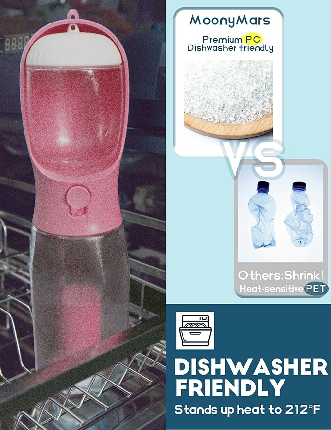 Portable Water Bottle for Small Dogs, 3 in 1 Pet Travel Bowl Dispenser with Food Treat Container & Poop Bag Holder, Summer Walking Hiking Accessories for Puppy On The Go - Pink, 10oz