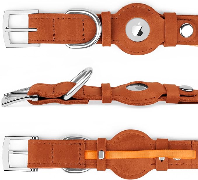 Leather Dog Collar with Airtag Holder - Apple AirTag Dog Collars - Soft Tracking Smart GPS Pet Collar for Small Medium Large Dogs Puppy (Brown, M, 12"-15" Neck Fit)