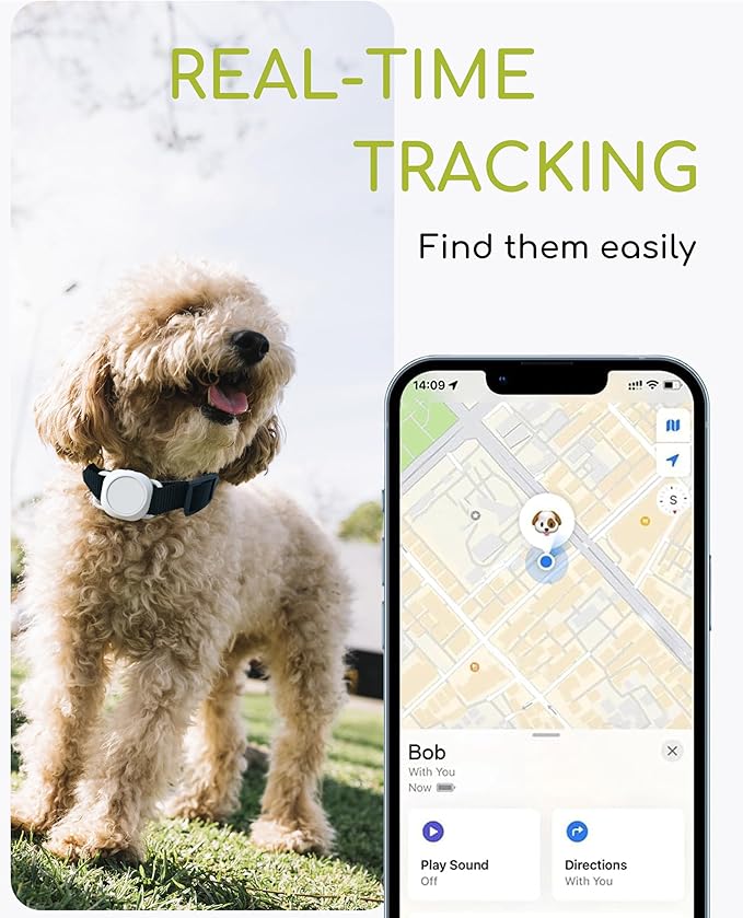 Dog Tracker, Smart Dog Collar with Real-time Pet Location, Cat Tracker Collar (iOS Only), No Monthly Fee & Long Battery Life, Works with Find My, Ideal for Dog/Cat (White)