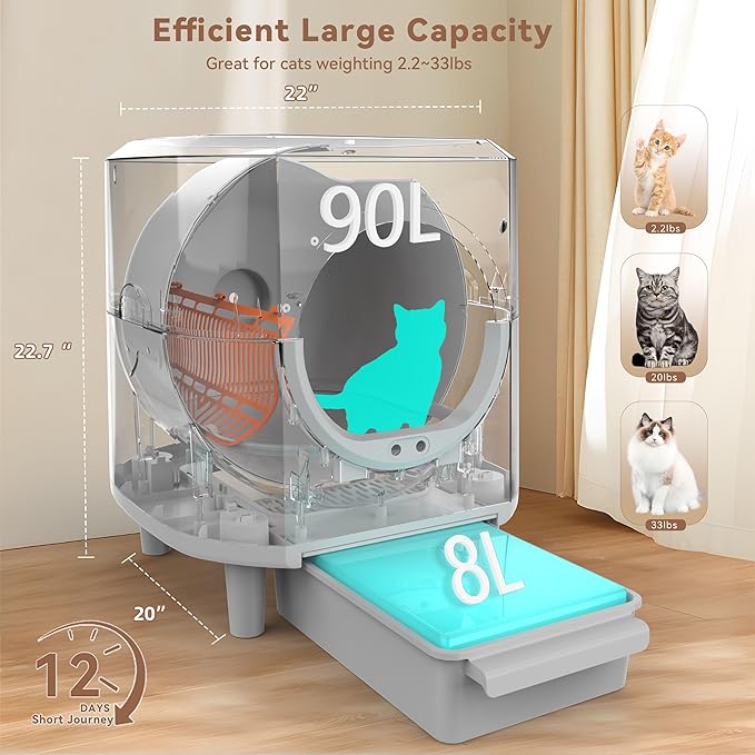 Self Cleaning Litter Box,90L Automatic Cat Litter Box Self Cleaning App-Controlled,Dual Safety Protection,1 Rolls Garbage Bags,White