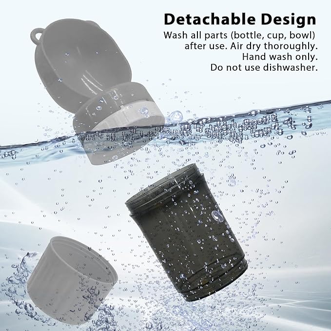 2-in-1 Pet Travel Water Bottle & Food Container - 14 oz Water + 6 oz Food Dispenser, Leak-Proof Portable Dog Water Bottle Bowl for Walking, Hiking, Camping Grey