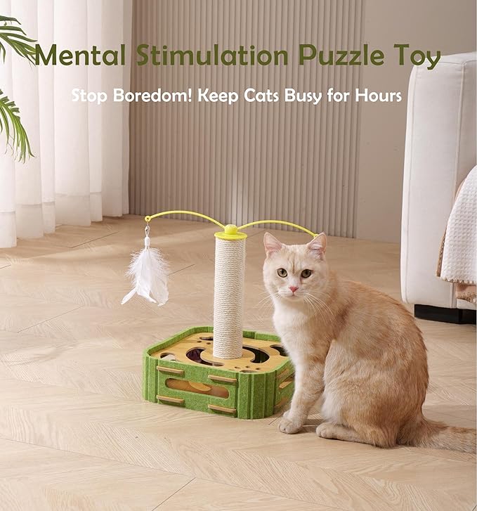 Interactive Cat Puzzle Toy - Scratching Post with Spinning Balls & Feathers for Indoor Cats, Satisfies Hunting Instinct, Self-Play Mental Stimulation Game with Rolling Track