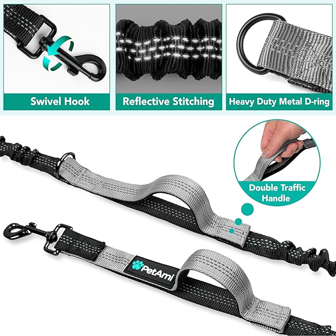 PetAmi Heavy Duty Hands Free Dog Leash, Adjustable Waist Belt for Large Dog Walking Up to 125 lbs, Bungee Leash for Pet Running, Hiking, Reflective Safety for Jogging, Biking, Grey Handle
