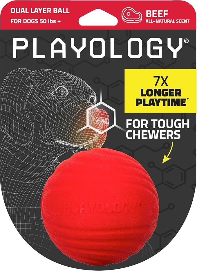 Playology Durable Dog Toys Dual Layer Chew Ball | Rubber Dog Balls for Aggressive Chewers | Beef Scented Red Toy Ball for Large Dogs | Made from Non Toxic Materials