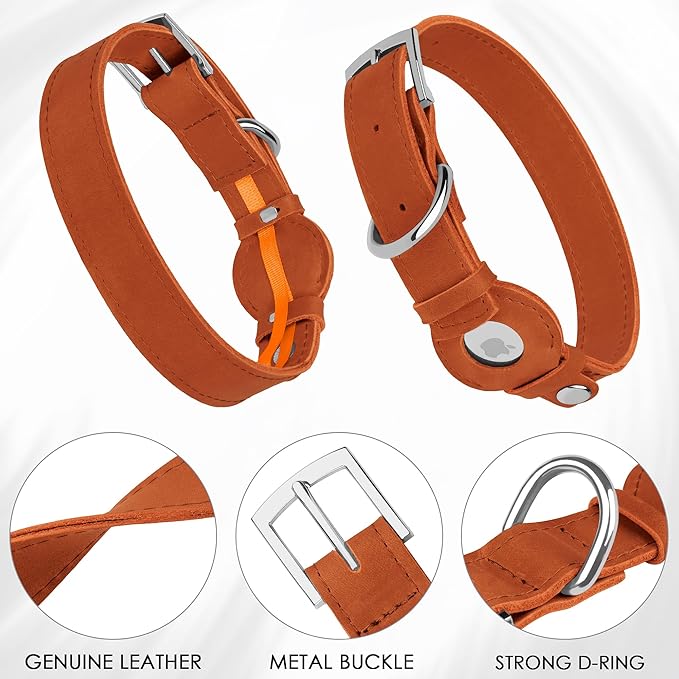 Leather Dog Collar with Airtag Holder - Apple AirTag Dog Collars - Soft Tracking Smart GPS Pet Collar for Small Medium Large Dogs Puppy (Brown, L, 15"-19" Neck Fit)