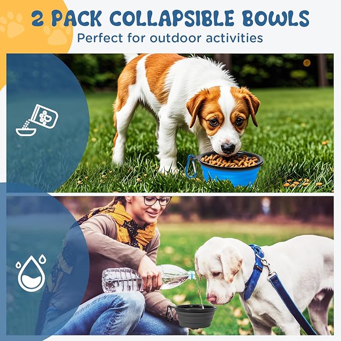 Collapsible Dog Bowls Medium, 2 Pack 22oz Portable Travel Dog Bowls, Foldable Water Bowl for Dogs Cats, Pet Feeding Watering Dish with Carabiner, Food Grade Silicone BPA Free(Blue+Black, M)