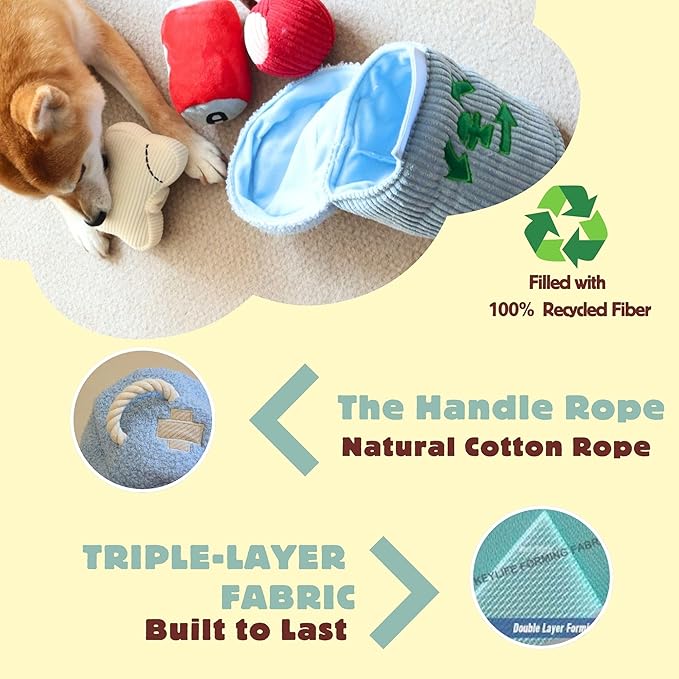 Squeaky Dog Toy, Interactive Plush Hide & Seek Puzzle Toys for Small Medium Large Dogs â Treat Dispenser 4-in-1 Durable Chew Toy, Dog Birthday for Dog Gifts (Trash Can)