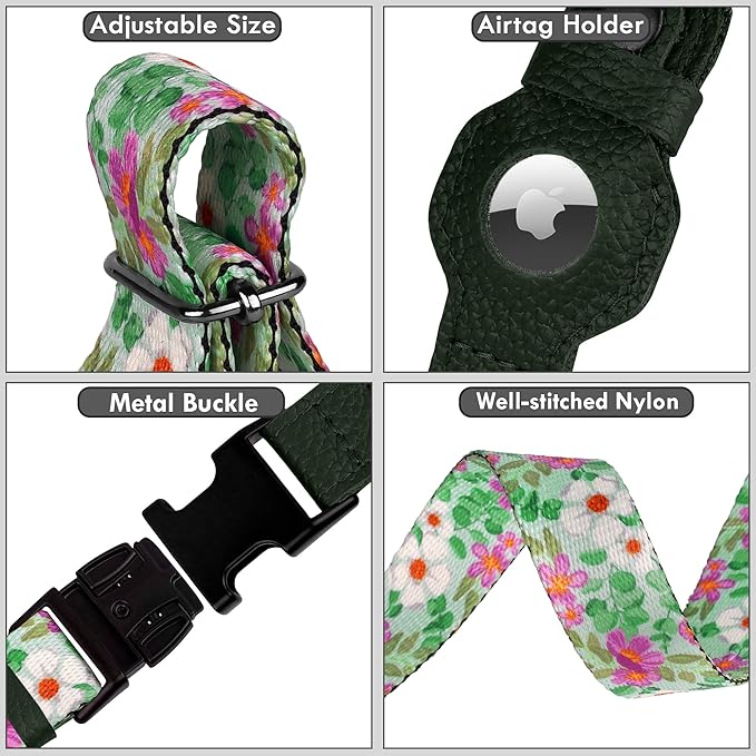 AirTag Dog Collar with Metal Buckle - Soft Leather Printed Nylon Dog Collar with Apple AirTag Holder - Cute Tracking GPS Pet Collars for Girl Boy Small Large Dogs (XL, 20"-25" Neck Fit, Floral)