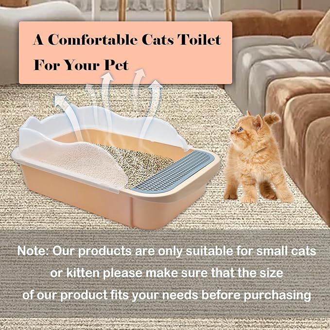 kathson Open Cat Litter Box with High Side,Anti-Splashing Cats Litter Pan Semi-Enclosed Removable Cats Litter Boxes with Litter Sifting Scoop Open Top Kitty Toilet for Easy to Clean(Khaki)