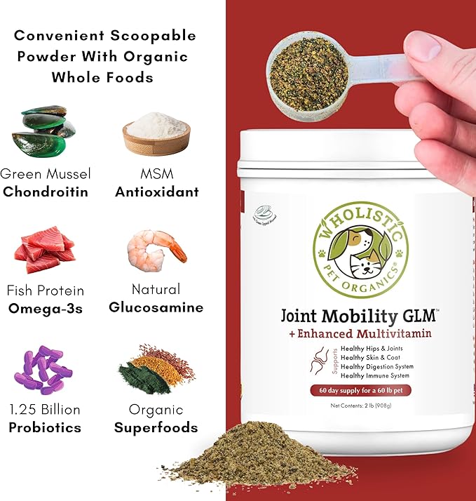 Wholistic Pet Organics Joint Mobility GLM - 2 Lb - Glucosamine for Dogs and Chondroitin Supplement Green Lipped Mussels - Joint Supplement for Dogs - Arthritis Pain Reliever for Large & Small Breeds