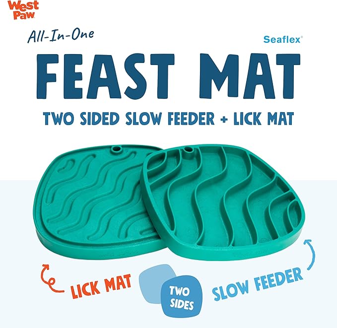 West Paw Seaflex Waves Feast Mat – All-in-One, Slow Feeder, Lick Mat – Encourages Foraging & Food Exploration - Engages Picky Eaters & Slow Feeding - Versatile – Easy to Clean, Non-Toxic - Kelp