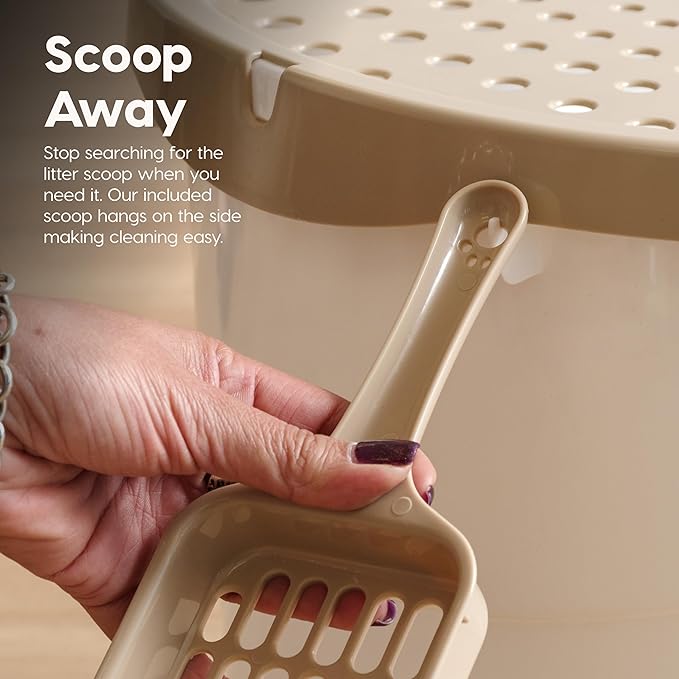 IRIS USA Top Entry Cat Litter Box, Large Enclosed with Litter Catching Lid and Scoop, Dog Proof, Cat Litter Box, White/Beige