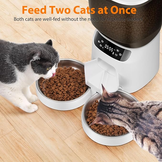 Automatic Cat Feeder and Water Fountain, 5L/20 Cups Timed Cat Dry Food Dispenser, 10s Meal Call, 20 Portions 6 Meals Per Day, 2L Cats Fountains for Drinking with Filter, Pet Feeder for Dog