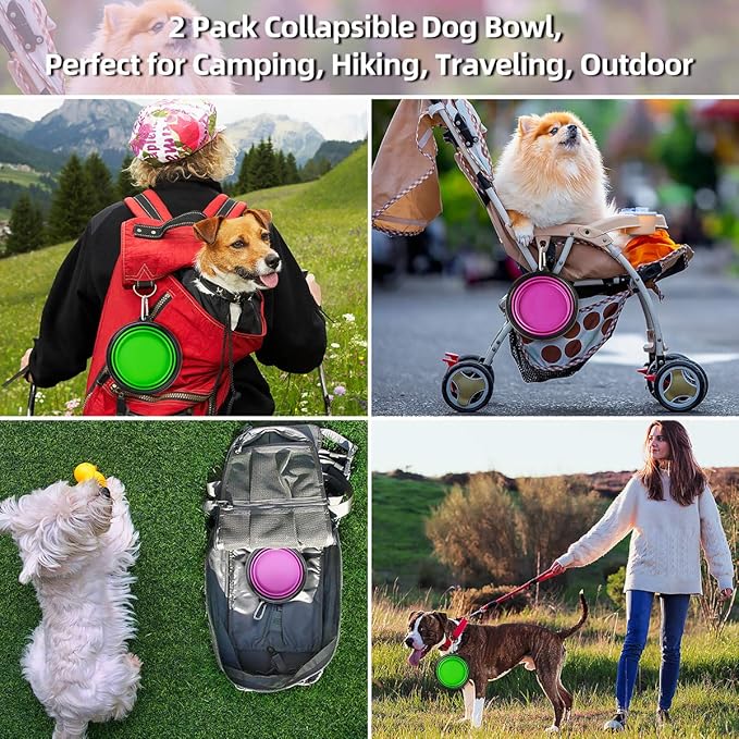 Kytely Large Collapsible Dog Bowls 2 Pack, 34oz Foldable Dog Travel Bowl, Portable Pet Water Food Bowl with Clasp, Pet Cat Feeding Cup Dish for Traveling, Walking, Hiking (Green+Purple)