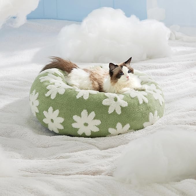 LE SURE Donut Small Dog Bed - Round Cat Beds for Indoor Cats Calming Pet Beds, Cute Modern Beds with Jacquard Shaggy Plush & Anti Slip Bottom, 20 Inch, Green,XS (20x20x6)