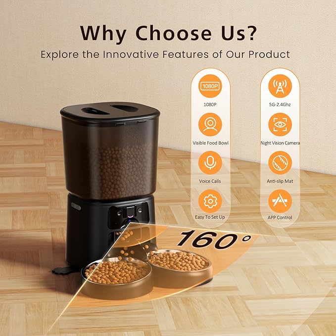 Automatic Cat Feeder with Camera, 6L WiFi Smart Pet Feeder with APP Control, 1080P HD Video, Voice Call, Motion Detection, Dual Power Supply, for Dogs Cats, Small-Pet(Black, 6L)