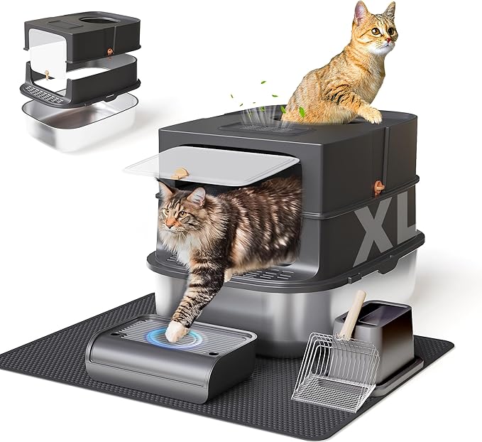 Jalove Stainless Steel Cat Litter Box with Lid, XL Extra Large Metal Litter Box for Big Cat, Covered Enclosed Kitty Litter Boxes, High Sided Enclosure with Scoop & Mat, Easy Cleaning, Dark Gray