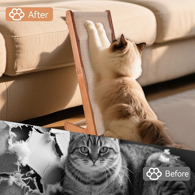 Large-28.5" Sisal Cat Scratcher of L-Shaped Solid Wood Cat Scratching Post - Beechwood Base, Natural Sisal Woven Scratching Pad, Durable, Furniture Protector for Cats' Clawing and Play