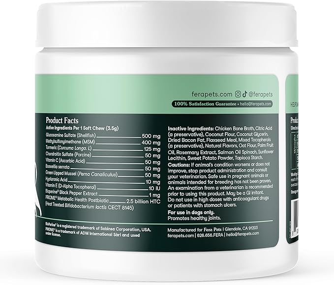 Fera Pets Hip & Joint Supplement for Dogs with Glucosamine, Postbiotics, & Green Lipped Mussel - Supports Healthy Joints and Weight Management - 90 Soft Chews