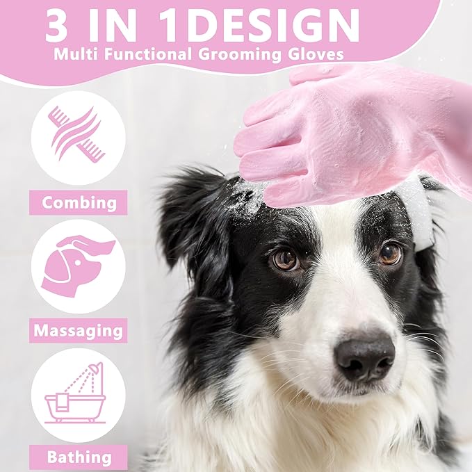Pet Grooming Gloves—Heat Resistant Dog Washing Gloves with High-Density Teeth, Dog Bath Scrubber with Enhanced Five Finger Design, Silicone Gloves for Dogs and Cats Bathing, Massage (Pink)